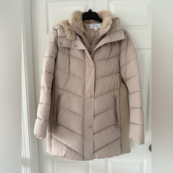 Calvin Klein Women's Tan Puffer Mid Length Coat Sz L - Picture 6 of 6